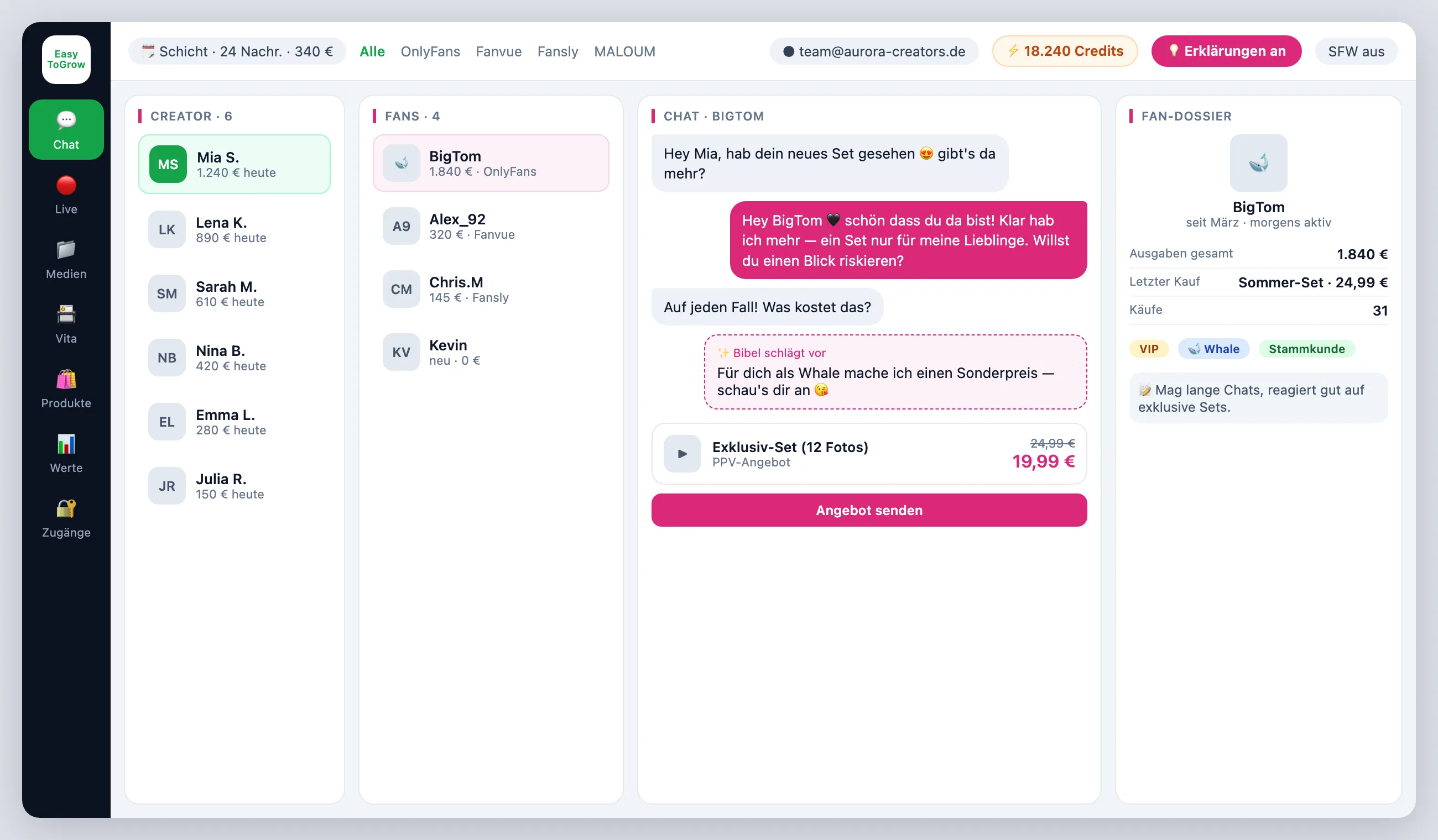 ChatterHub Unified Inbox — Creator, Fans, Chat mit Bibel-Vorschlag und PPV-Angebot, Fan-Dossier