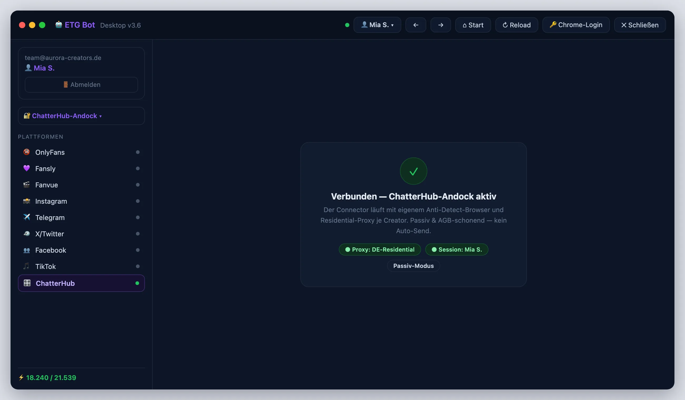 ETG Desktop-Bot — Multi-Plattform-Connector mit OnlyFans, Fansly, Fanvue, Instagram, Telegram, TikTok und ChatterHub