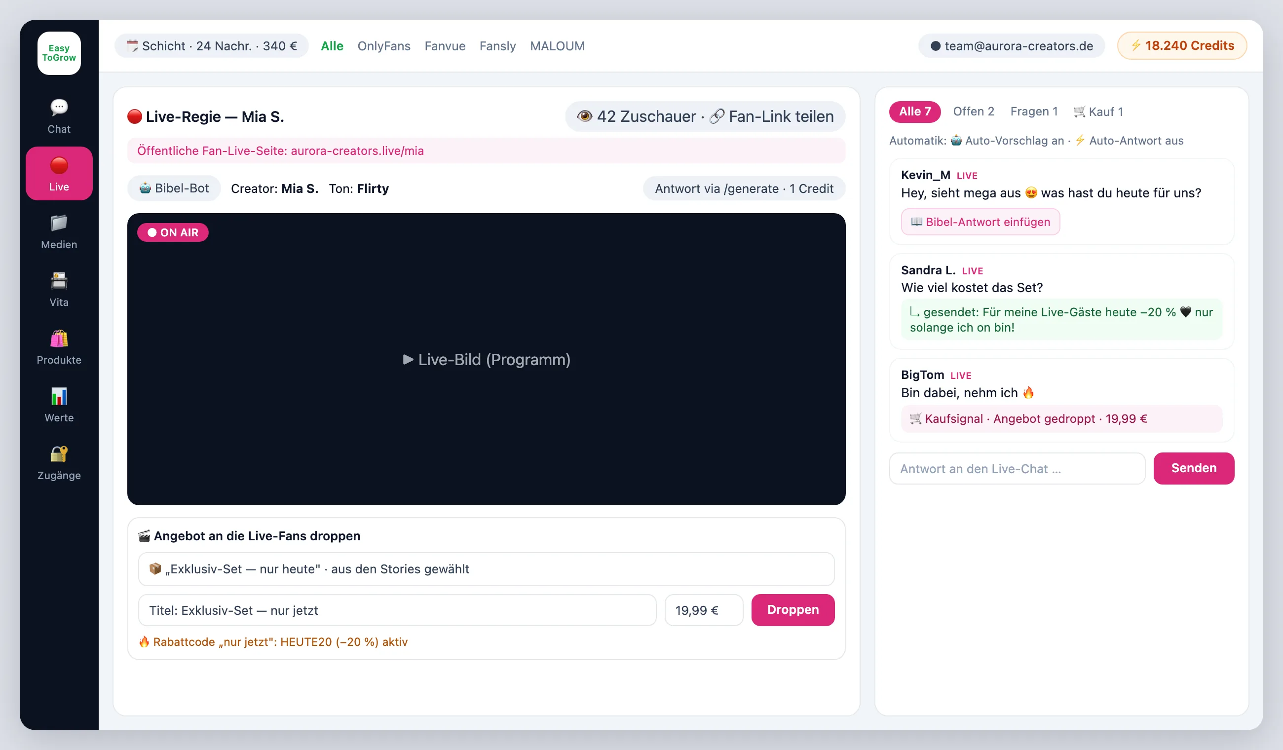 ChatterHub Live-Regie — Live-Bild on air, Angebot-Drop, Live-Chat mit Kaufsignal