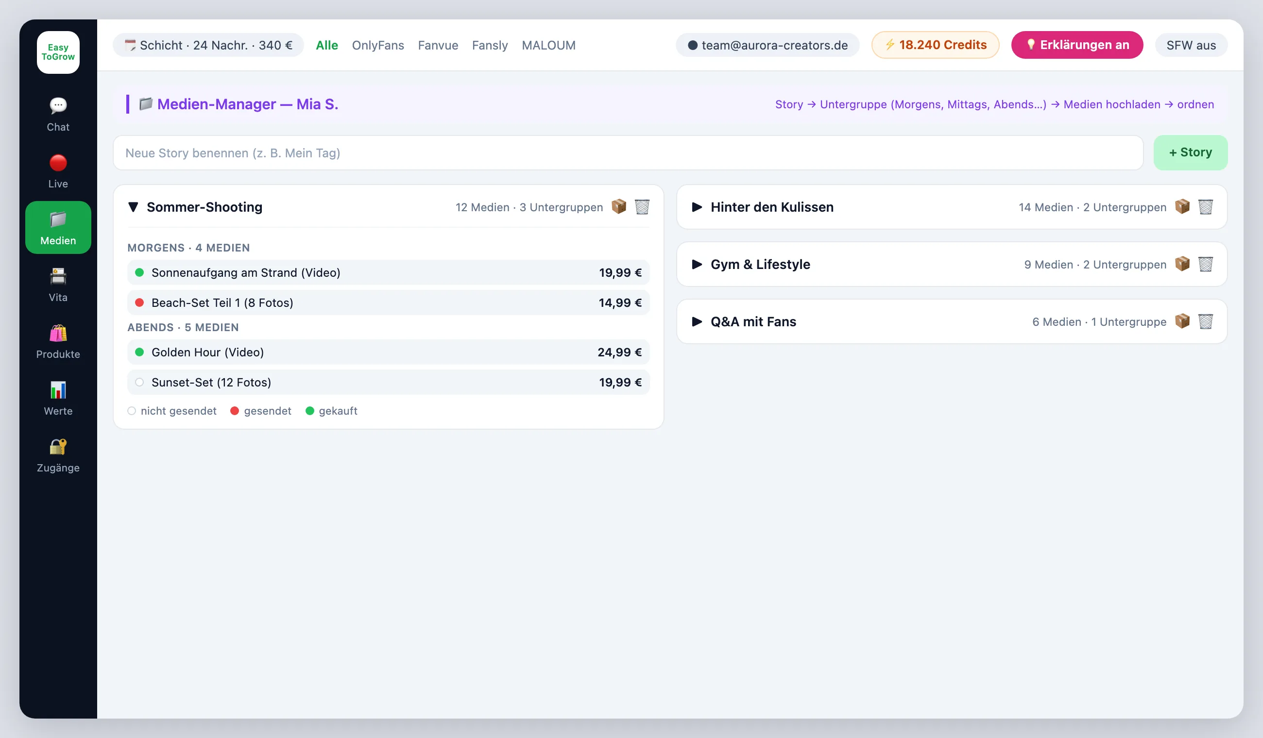 ChatterHub Medien-Manager — Stories mit Untergruppen, Medien mit Preis und PPV-Status
