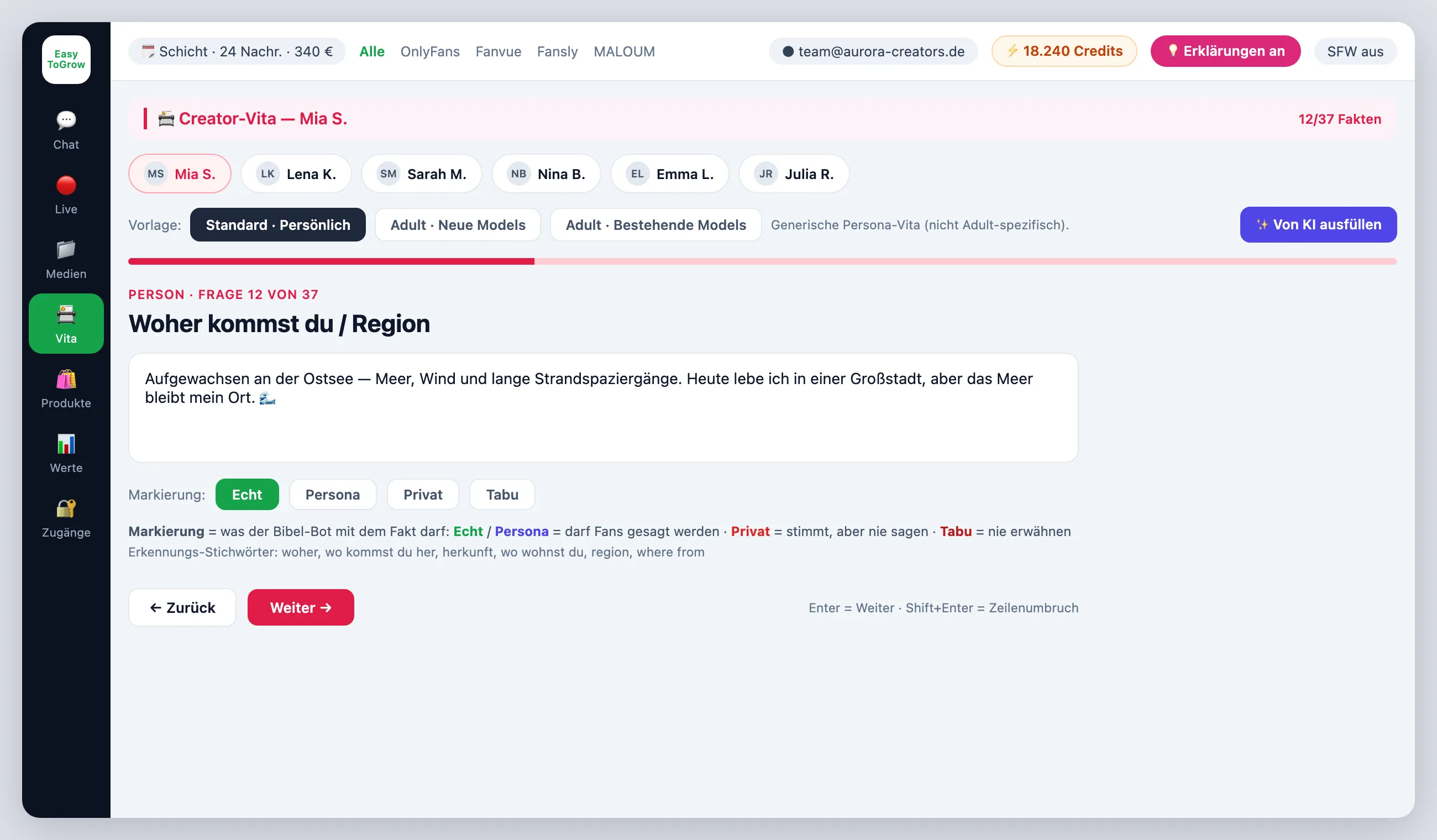 ChatterHub Creator-Vita Wizard — Frage mit Antwortfeld und Markierung Echt/Persona/Privat/Tabu