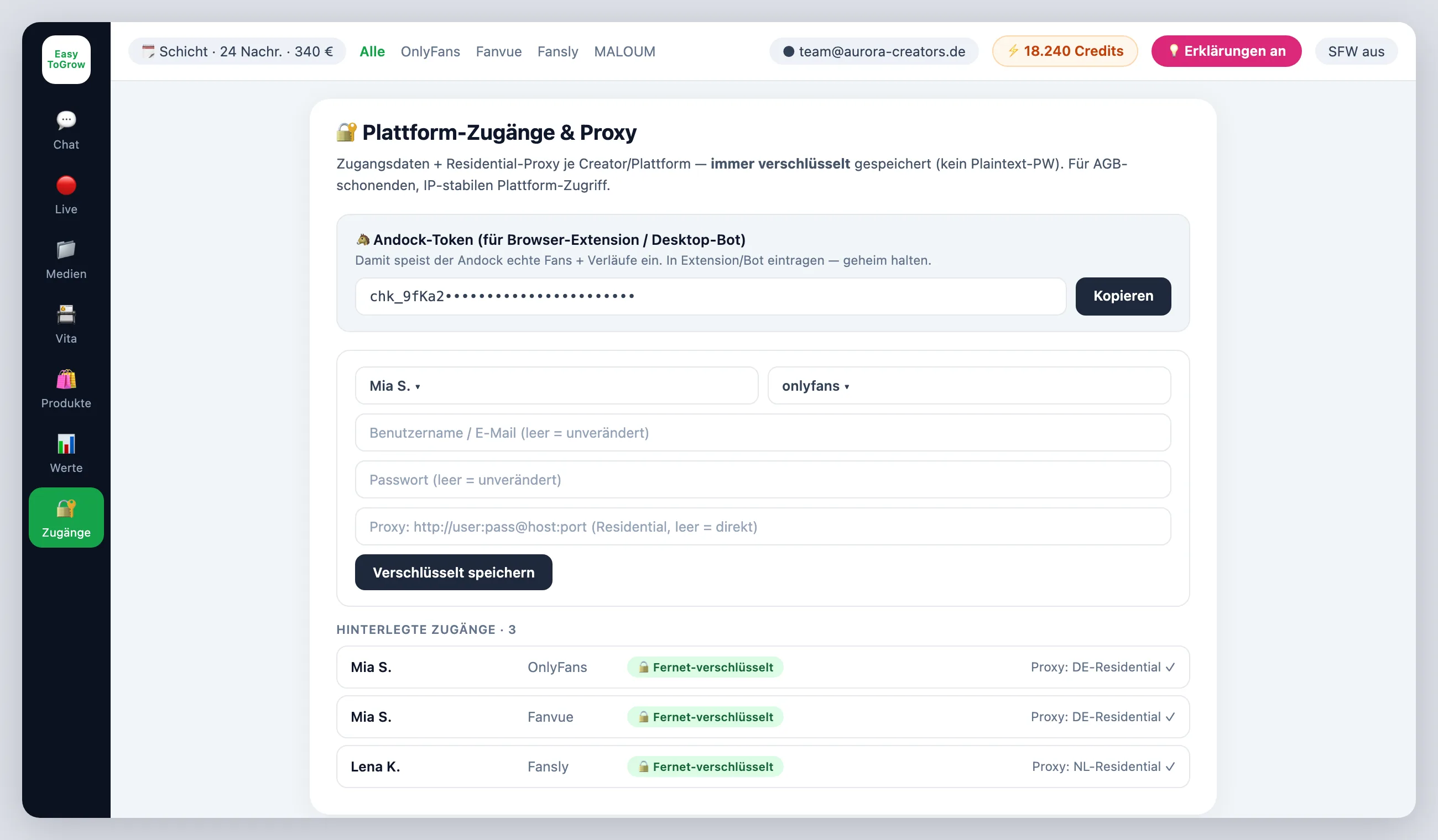 ChatterHub Zugänge — Plattform-Zugänge und Proxy, Fernet-verschlüsselt gespeichert